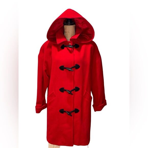 Mackintosh Red Wool Blend Hooded Duffle Coat Black Toggle Fasteners size 12P - Picture 3 of 12